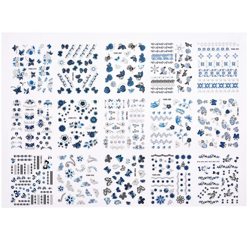 30 PLAQUETTES D'AUTOCOLLANTS NAIL ART CAMAÏEU DE BLEU