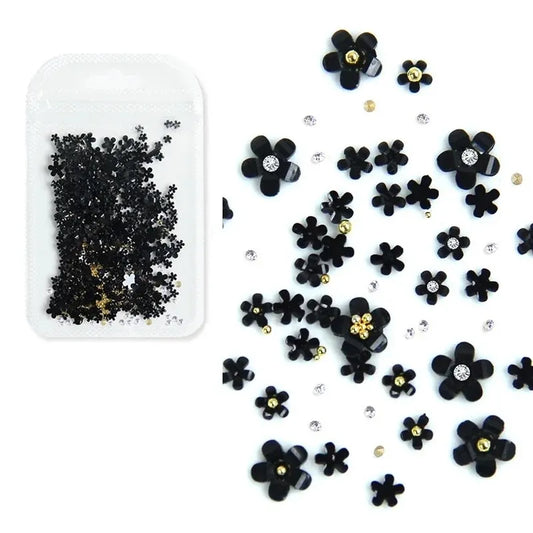 BLACK FLOWERS & GOLD PEARLS NAIL ART