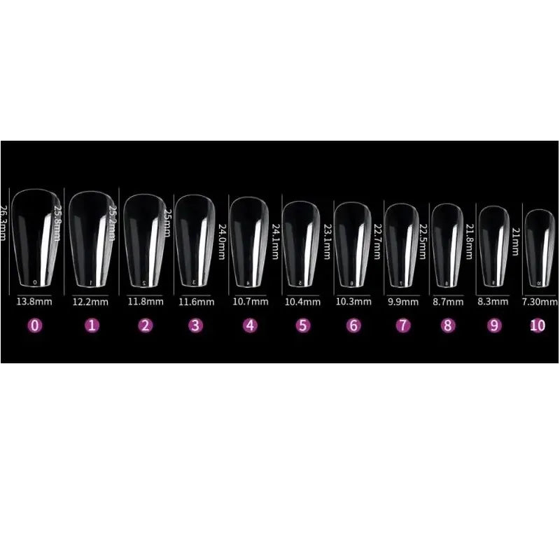 guide de taille de la boite de 550 short coffin wide gel x capsules pour extension d'ongles