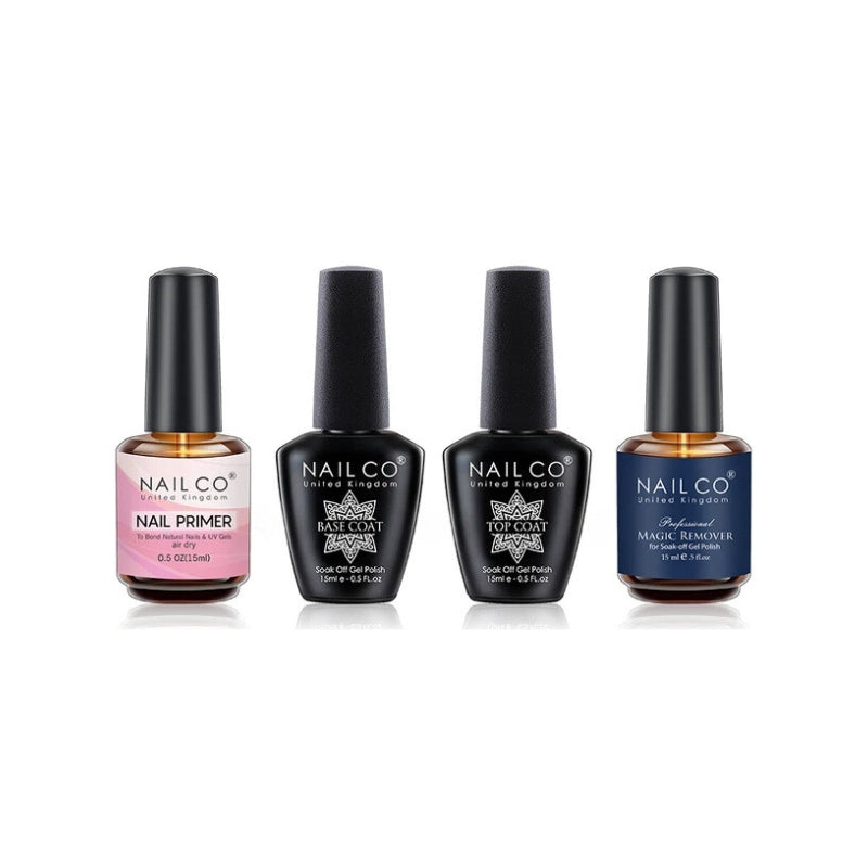 pack essentiel manucure : primer, base & top coat, et un vernis pour retirer le vernis semi-permanent