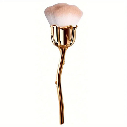 pinceau anti-poussière pour vos manucure à l'allure d'une véritable rose. sa tige dorée et son pinceau beige en fait un accessoire esthétique en plus de pratique