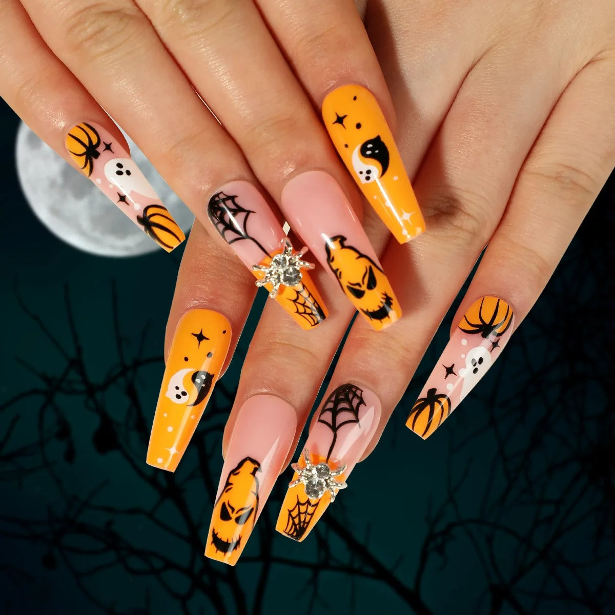 Press On Nails Halloween - Araignées et Citrouilles Scintillantes